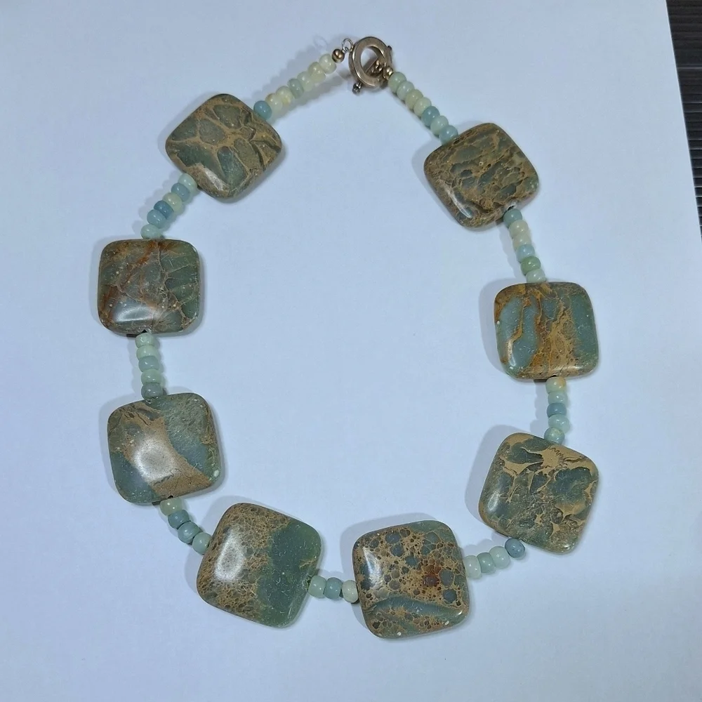Teal Beaded Square Stone Marble Style Statement Costume Jewelry Necklace - Picture 2 of 11